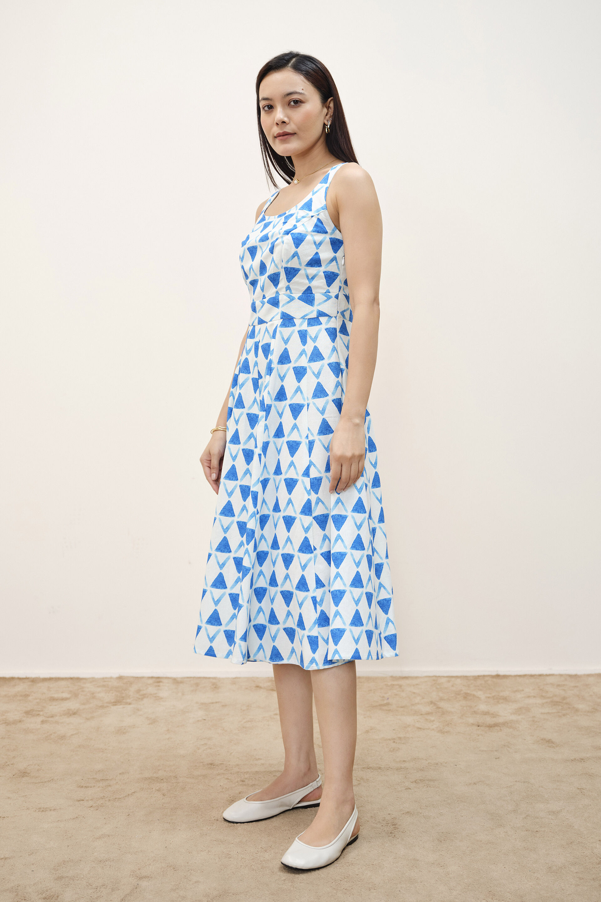 Blue Geometric Print Dress, Blue, image 3